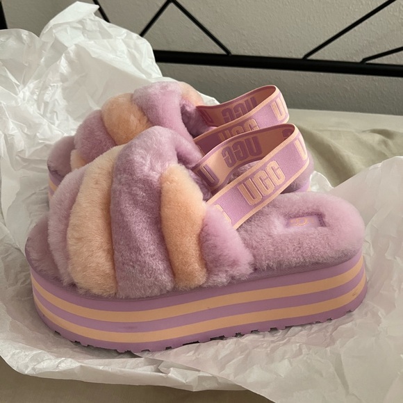 NEW UGG lamb fur pink purple disco sandals - Picture 2 of 8